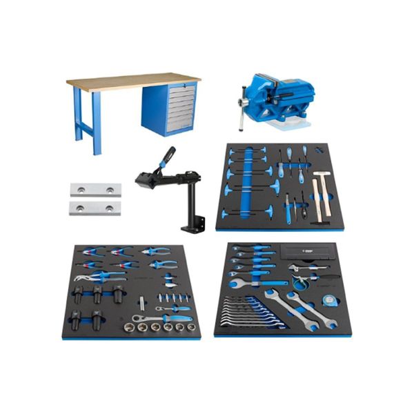 Unior workbench with tools for suspension maintenance